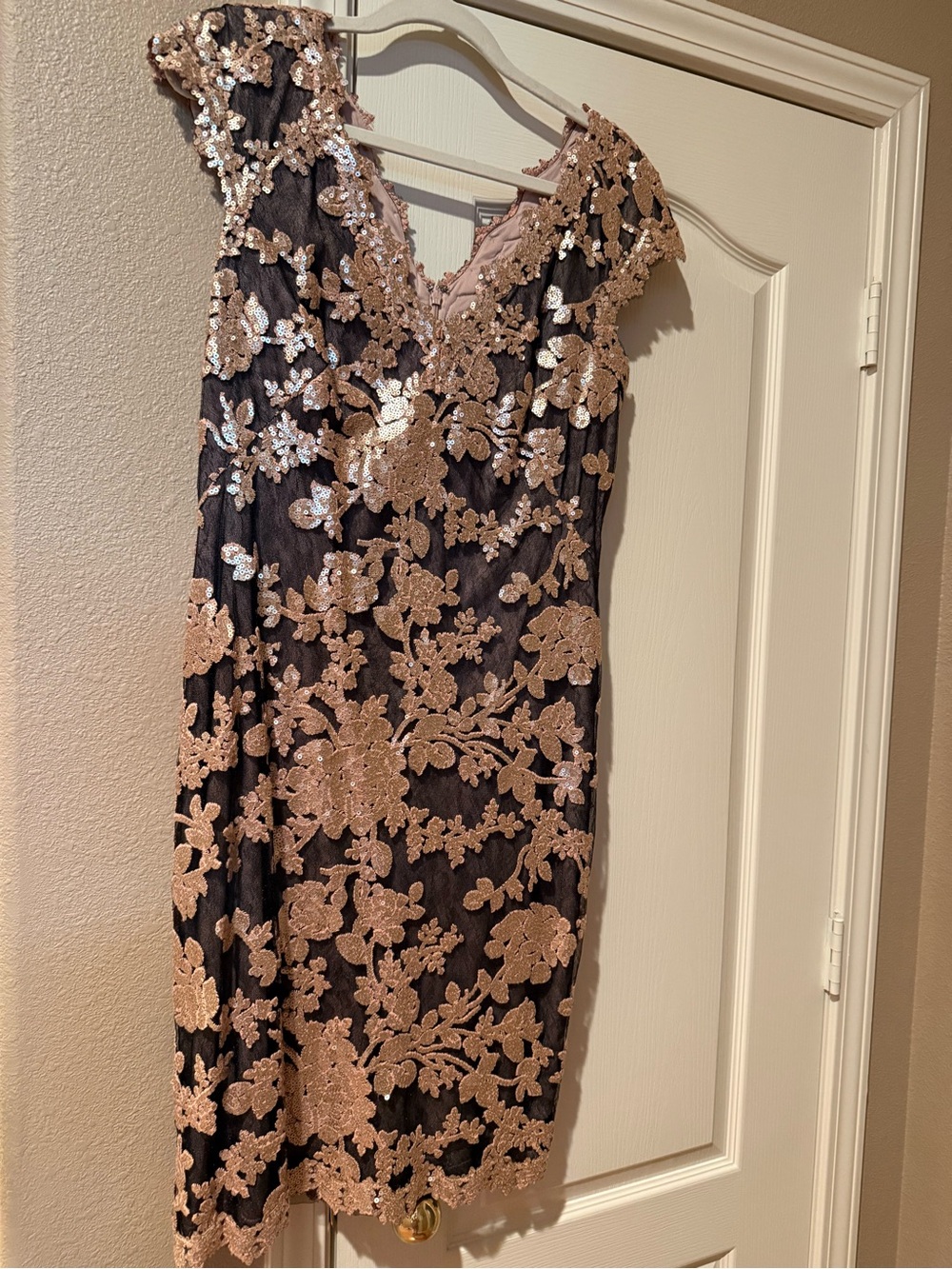 Tadashi Shoji Black Midi Dress with Rose Gold Lace Appliqué
